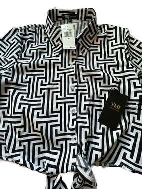 NWT YMI Collections Geometric Print Tie-Front Y2K Crop Top Shirt Size M
